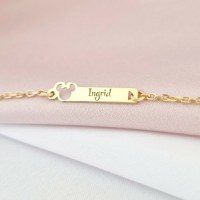 Bratara placuta - Forma soricel cu fundita gravat cu nume personalizat - Argint 925 placat cu Aur Galben 18K - Cu lantisor fata/baiat - 1