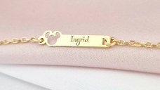 Bratara placuta - Forma soricel cu fundita gravat cu nume personalizat - Argint 925 placat cu Aur Galben 18K - Cu lantisor fata/baiat