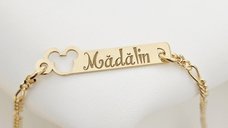 Bratara placuta - Forma soricel gravat cu nume personalizat - Argint 925 placat cu Aur Galben 18K - Cu lantisor fata/baiat