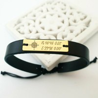 Bratara Placuta gravata cu Coordonate si simbol Busola - Argint 925 placat cu Aur 18k, piele - 1