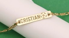 Bratara placuta si minge de fotbal - nume personalizat - Argint 925 placat cu Aur Galben 18K - Cu lantisor fata/baiat
