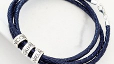 Bratara trio cu piele impletita albastra & 3 elemente cilindrice din Argint 925 - Inchizatoare carabina