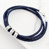 Bratara trio cu piele impletita albastra & 3 elemente cilindrice din Argint 925 - Inchizatoare carabina - 1
