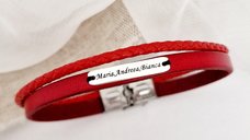 Bratara unisex cu 2 straturi de piele naturala rosie - Placuta cu gravura personalizata - Argint 925 - Inchizatoare clips inox