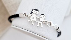 Bratara Unisex cu membrii Familiei - fetita si baiat - Argint 925, piele impletita