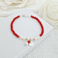 Bratara Vitalitate - Iubire margaritara - Perle, bilute 2.5 mm si charm inima din Argint 925 - Pietre semipretioase Coral - Inchizatoare carabina cu prelungire - 1