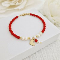 Bratara Vitalitate - Iubire margaritara - Perle, bilute 2.5 mm si charm inima din Argint 925 placat cu Aur Galben 18k - Pietre semipretioase Coral - Inchizatoare carabina cu prelungire - 1