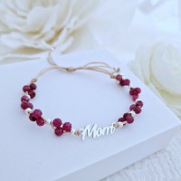 Bratara Vitalitate - Legatura materna - Mom, charm fluture si bilute din Argint 925 - Pietre semipretioase Rubin fatetat - Snur nude - 1
