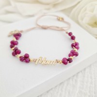 Bratara Vitalitate - Legatura materna - Mom, charm fluture si bilute din Argint 925 placat cu Aur Galben 18k - Pietre semipretioase Rubin fatetat - Snur nude - 1