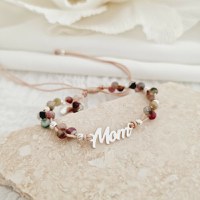 Bratara Vitalitate - Legatura materna - Mom, charm inima si bilute din Argint 925 - Pietre semipretioase Turmalina fatetata - Snur nude - 1