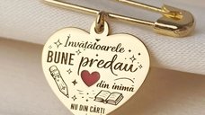 Brosa ac de siguranta Chic Bijoux cu pandantiv inima pentru educatoare sau invatatoare, email rosu, argint 925 placat cu aur galben 18K