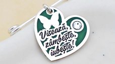 Brosa Ac de siguranta Inima cu Zambete - Personalizata - Argint 925 - Email Verde si Cristal Swarovski