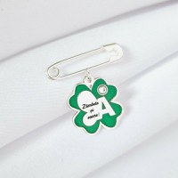 Brosa Ac de siguranta - Trifoi cu Zambete – Initiala personalizata - Argint 925 - Email verde & Cristal Swarovski - 1