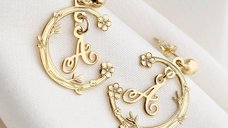 Cercei Chic Bijoux - Ramura Vietii cu Initiala - Semicerc din Argint 925 Placat cu Aur Galben 18K
