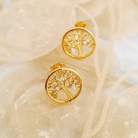 Cercei Copacul Vietii - decorat cu Zirconii albe - Argint 925 placat cu Aur Galben 18K - 1