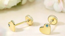 Cercei copii/bebe cu Diamant natural albastru - Model inima - Aur Galben 9K - Inchizatoare sigura si confortabila cu filet