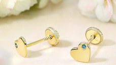 Cercei copii/bebe cu Diamant natural albastru - Model inima - Aur Galben 9K - Inchizatoare sigura si confortabila cu filet