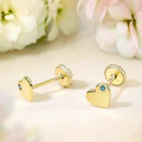 Cercei copii/bebe cu Diamant natural albastru - Model inima - Aur Galben 9K - Inchizatoare sigura si confortabila cu filet - 1