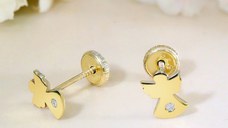 Cercei copii/bebe cu Diamant natural - Model ingeras - Aur Galben 9K - Inchizatoare sigura si confortabila cu filet