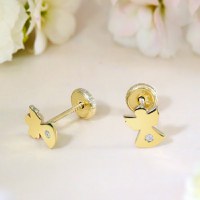 Cercei copii/bebe cu Diamant natural - Model ingeras - Aur Galben 9K - Inchizatoare sigura si confortabila cu filet - 1