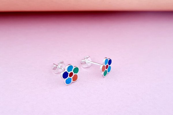 Cercei Floare multicolora - Decorati cu email - Argint 925 - Inchidere surub