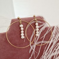 Cercei rotunzi BIG HOOPS cu sirag de Perle - Argint 925 placat cu Aur Galben 18K - Inchizatoare surub - 1