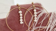 Cercei rotunzi BIG HOOPS cu sirag de Perle - Argint 925 placat cu Aur Galben 18K - Inchizatoare surub