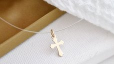 Choker Aur Galben 14K - Pandantiv Cruce - Lant silicon cu inchizatoare carabina