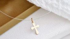 Choker Aur Galben 14K - Pandantiv Cruce - Lant silicon cu inchizatoare carabina