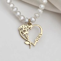 Colier Belle - Pandantiv cu Trandafir si LOVE & Sirag de Perle - Argint 925 placat cu Aur Galben 18K - 1