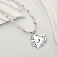 Colier Buchet din Inima - Personalizat cu Initiala - Lant combinat cu Perle Bambus & Bilute - Argint 925 - 1