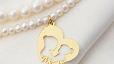 Colier cu Perle - Pandantiv inima mama si copil - Model dublu cu siraguri de perle de diferite dimensiuni - Argint 925