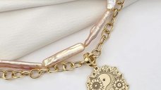 Colier Floare Yin & Yang si doua Diamante naturale - Combinatie sirag de Perle stick peach si lant cu zale rotunde - Argint 925 placat cu Aur Galben 18K