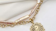 Colier Floare Yin & Yang si doua Diamante naturale - Combinatie sirag de Perle stick peach si lant cu zale rotunde - Argint 925 placat cu Aur Galben 18K