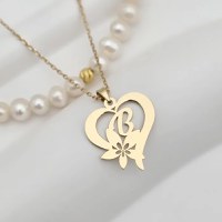 Colier Floarea Dragostei - Pandantiv inima cu initiala - Lantisor & Sirag de Perle - Argint 925 placat cu Aur Galben 18K - 1