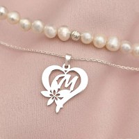 Colier Floarea Dragostei - Pandantiv inima cu initiala - Lantisor & Sirag de Perle - Argint 925 - 1