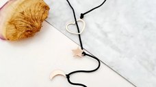 Colier Lariat Y cu 4 Pandantive - Inima si 3 Alegeri - Argint 925 cu Aur Roz 18K - Snur Negru