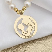 Colier Legatura Mama si Fiu - Pandantiv Disc & Sirag de Perle - Argint 925 placat cu Aur Galben 18K - 1