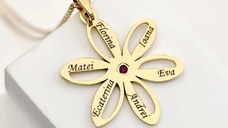 Colier Misterul Petalelor decorat cu piatra Rubin – Lant cu pandantiv personalizat - Sirag Perle cilindrice roz, gri si albe & Bilute – Argint 925 placat cu Aur Galben 18K