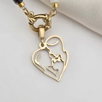 Colier Noua Familie - Inima cu Mama, Tata si Fetita cu Fundita & Sirag de Perle - Argint 925 placat cu Aur Galben 18K - 1