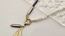 Colier Pana Aurie - Perle Cilindrice Metalizate & Gri & Bambus - Argint 925 placat cu Aur 18K