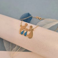 Colier personalizat decorat cu email albastru- Familia 4 membri în formă de picături - Argint 925 placat cu Aur Galben de 18K - 1