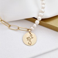 Colier personalizat - Perlele mele - Pandantiv banut de 18 mm - Combinație lant cu zale dreptunghiulare si perle - Argint 925 placat cu Aur Galben 18K - 1