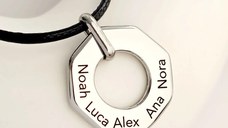 Lant barbatesc Octagon - Pandantiv personalizat & piele impletita - Otel Inoxidabil 316L