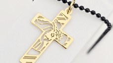 Lant barbatesc - Pandantiv cruce decupata si Chipul lui Isus - Argint 925 placat cu Aur Galben 18K si lant negru Army