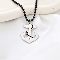 Lantisor Barbatesc cu Pandantiv Ancora – Argint 925 Rodiat, Email Negru si Diamant Negru - 1