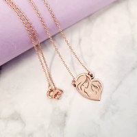Lantisor cu Diamant natural - Pandantiv Inima - Mama si fiica - Argint 925 placat cu Aur Roz 18 K - 1