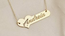 Lantisor cu pandantiv placuta personalizata cu nume si Diamant Natural - Argint placat cu Aur Galben 18K