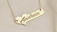 Lantisor cu pandantiv placuta personalizata cu nume si Diamant Natural - Argint placat cu Aur Galben 18K