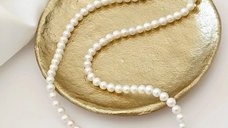 Lantisor cu perle albe japoneze Akoya, sirag, din argint 925 placat cu aur galben 18K